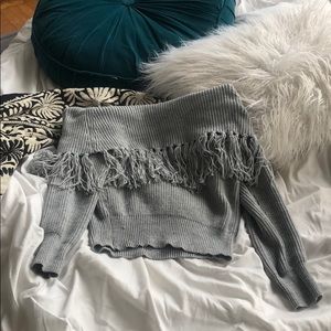 Off the shoulder fringe grey sweater